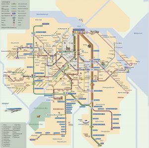 Plano de la red de tranvías y subtes de Ámsterdam.